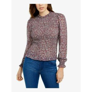 NWT Q+A LOS ANGELES Womens L Purple Blue Floral Smocked Mock Long Sleeve Top
